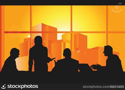 A vector illustration of a group business people in a meeting