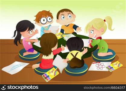 A vector illustration of a group of children drawing with crayons