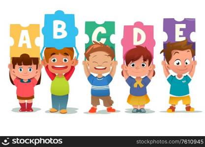 A vector illustration of a group of Children Holding Alphabet Puzzle Cards