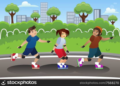 A vector illustration of a group of kids rollerblading outdoor