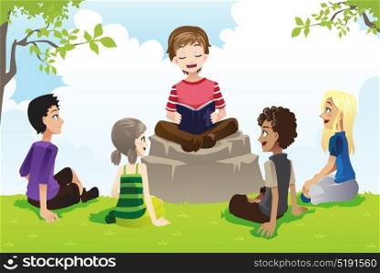 A vector illustration of a group of kids studying bible