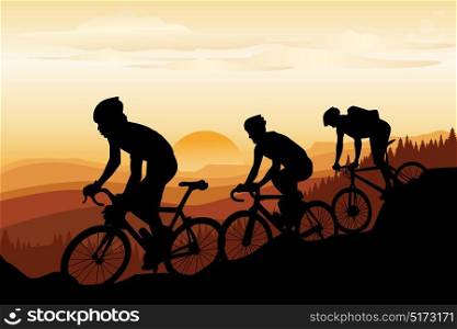 A vector illustration of a group of mountain bikers