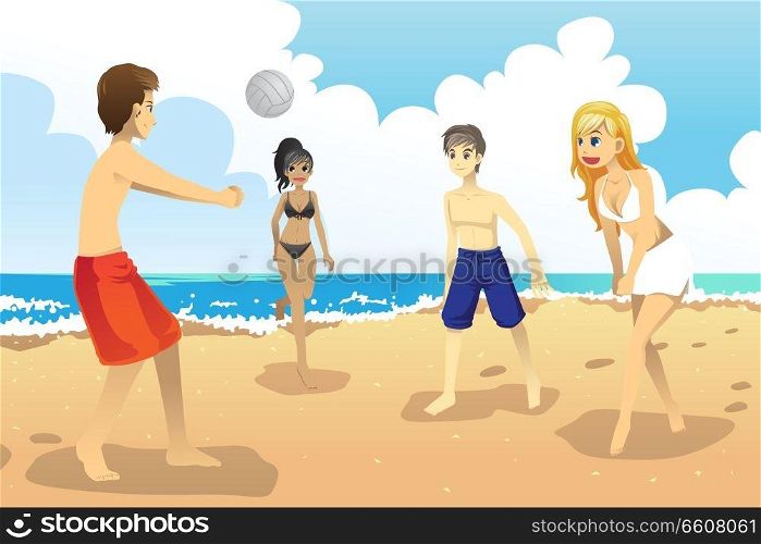 A vector illustration of a group of young people playing beach volleyball
