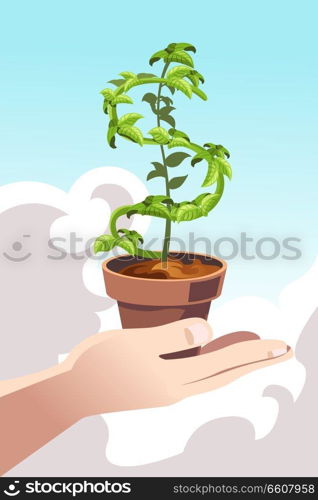 A vector illustration of a hand holding a plant shaped like a dollar sign