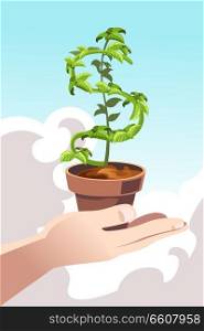 A vector illustration of a hand holding a plant shaped like a dollar sign