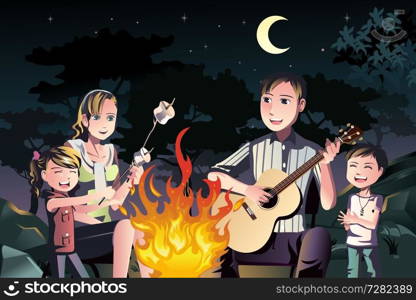 A vector illustration of a happy family having a bonfire outdoor