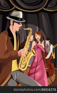 A vector illustration of a jazz music band playing in a night club