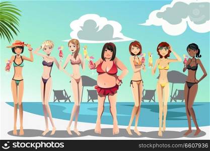 A vector illustration of a large woman and skinny women in bikini