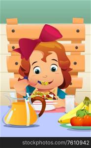 A vector illustration of a Little Girl Eating Salad Vegetables