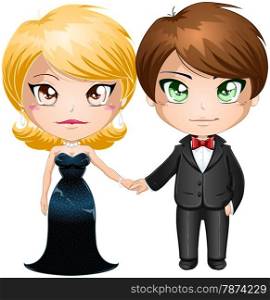A vector illustration of a man and woman dressed in elegant evening wear.