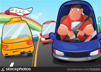 A vector illustration of a man driving a car