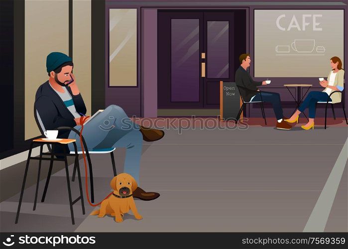 A vector illustration of a man sitting in an outdoor cafe with his dog talking on the phone