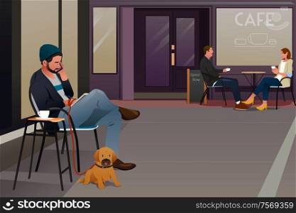 A vector illustration of a man sitting in an outdoor cafe with his dog talking on the phone