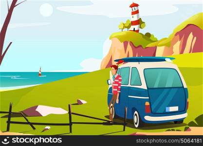 A vector illustration of a Man Traveling Near Seaside