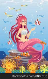 A vector illustration of a mermaid in the ocean surrounded by fish