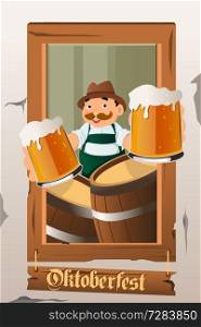A vector illustration of a mustache guy holding beers celebrating Oktoberfest
