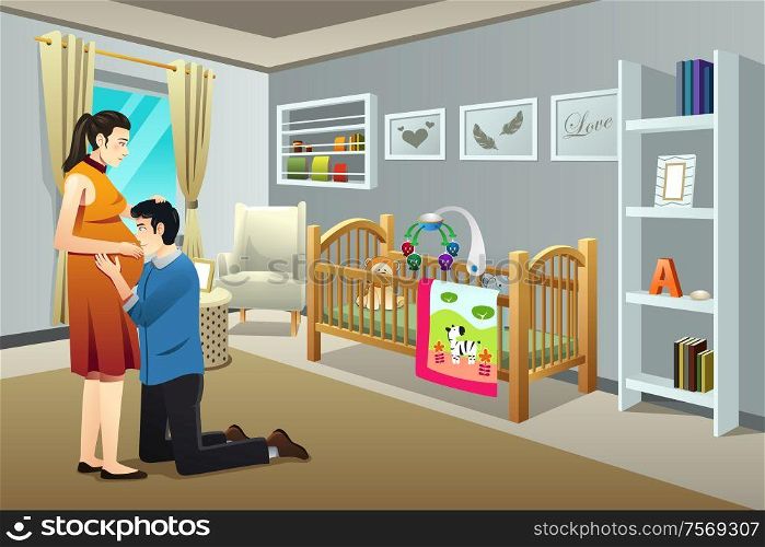 A vector illustration of a Pregnant Woman with Her Husband in the Nursery Room