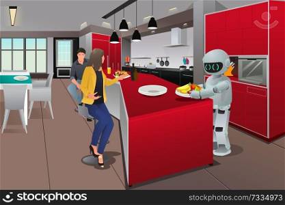A vector illustration of a robot serving breakfast