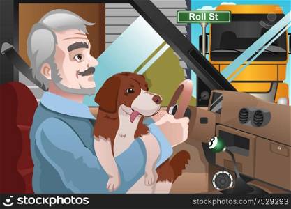 A vector illustration of a senior man driving in the city with his dog on his lap