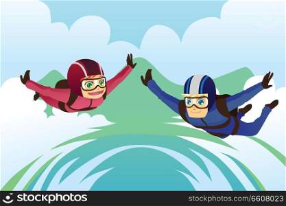 A vector illustration of a skydiving couple