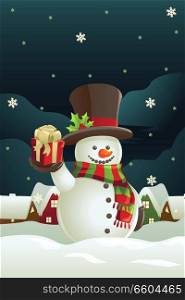 A vector illustration of a snowman holding a Christmas present