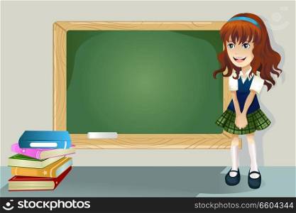 A vector illustration of a student standing in front of a blackboard