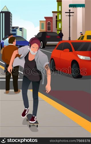 A vector illustration of a Stylish Old Man Skateboarding on the Road