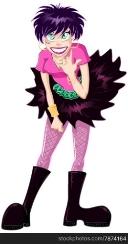 A vector illustration of a teenaged gothic girl giving rock sign with fingers.