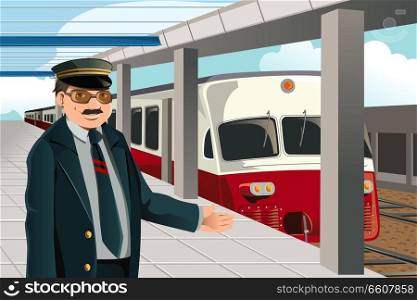 A vector illustration of a train conductor in the train station