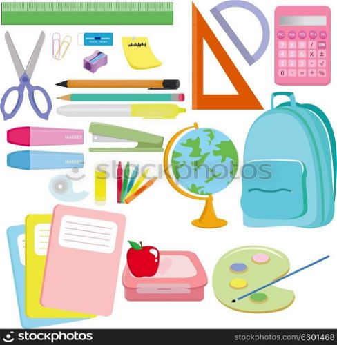 A vector illustration of a variety of school supplies