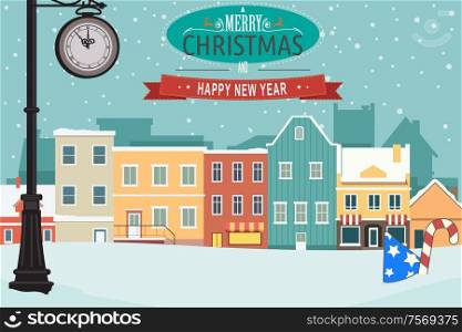 A vector illustration of a Village During Winter for Christmas Greeting Card