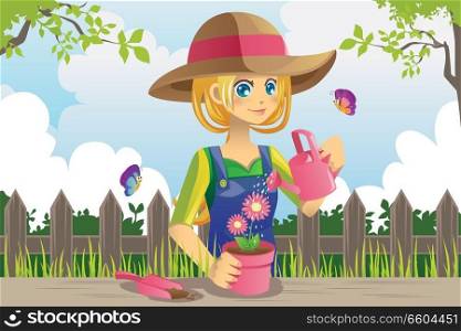 A vector illustration of a woman doing gardening