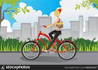 A vector illustration of a woman riding a bike in a park in the city