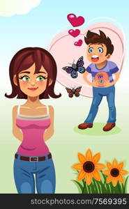 A vector illustration of a young couple for butterflies in the stomach concept