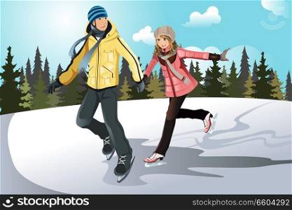 A vector illustration of a young couple ice skating outdoor