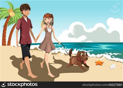 A vector illustration of a young couple walking on the beach with their dog