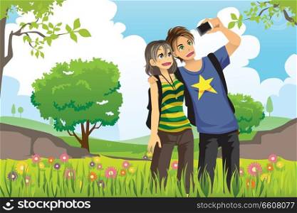 A vector illustration of a young tourist couple taking a picture of themselves