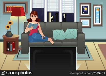 A vector illustration of a Young Woman Reading Book and Watching TV at Home
