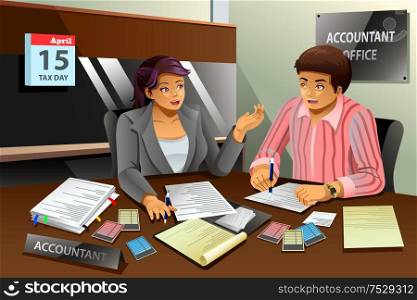 A vector illustration of accountant helping a man filling the tax in office