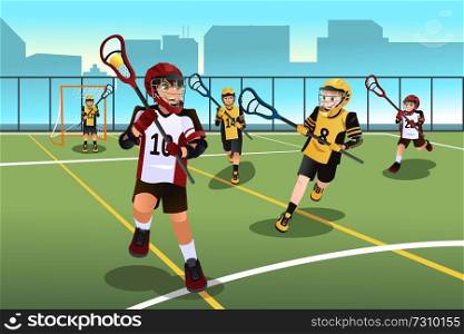 A vector illustration of active kids playing lacrosse