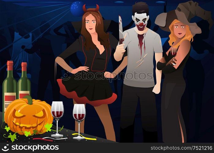 A vector illustration of adult dressing up in Halloween costume in a party