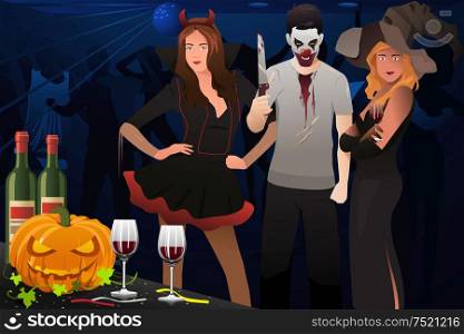 A vector illustration of adult dressing up in Halloween costume in a party