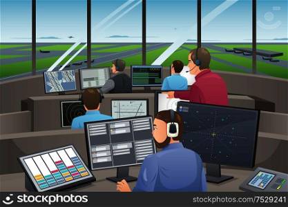 A vector illustration of air traffic controller working in the airport