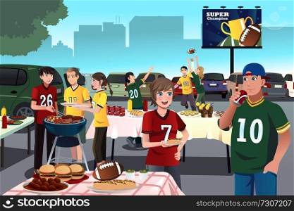 A vector illustration of American football fans having a tailgate party