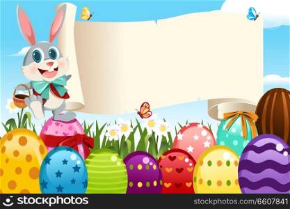 A vector illustration of an Easter bunny holding a blank sign surrounded by Easter eggs