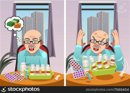 A vector illustration of an Elderly Man Angry at The Cost of His Prescription Drugs