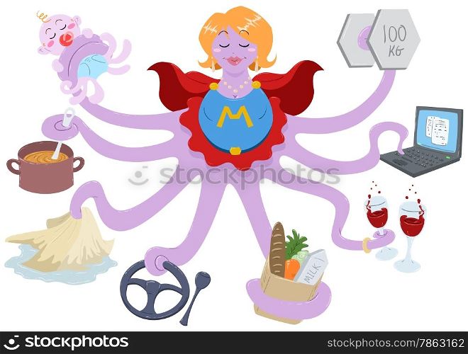 A Vector Illustration of an octopus mother dressed as a superhero and doing actions such as lifting weights, working on a laptop, having drinks, shopping for grocery, driving, cleaning, cooking and taking care of her baby.