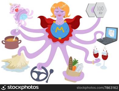 A Vector Illustration of an octopus mother dressed as a superhero and doing actions such as lifting weights, working on a laptop, having drinks, shopping for grocery, driving, cleaning, cooking and taking care of her baby.
