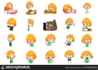 A vector illustration of Anime Manga Girl doing different activities and different expressions