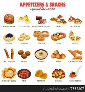 A vector illustration of appetizers and snacks around the world icon sets
